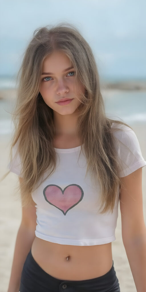 a (((full body shot))) of a (((beautiful teen girl))) with long, flowing (((sandy soft brown straight hair))), green eyes, and a sleekly defined figure, dressed in a tight (((white graphic short t-shirt, perfect curved body))) featuring a (((heart))), paired with a (((black round mini skirt))). She poses confidently on a sunny sandy beach.
