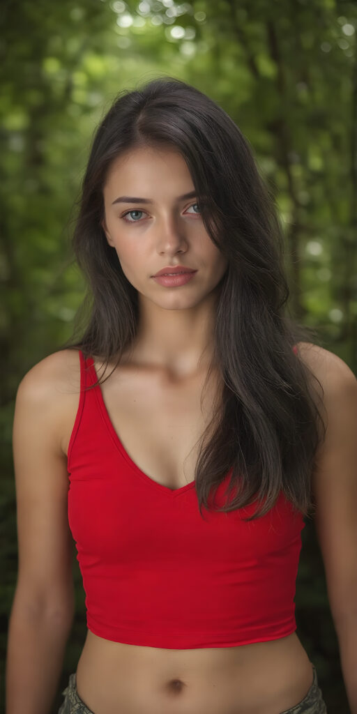 a (((full body shot))) of a (((stunning and gorgeous, well busty))) teen girl, with sleek and flowing (((black hair in loose wavy long hair style))), dressed in a (((bright red fitted cropped tank top with a low V-neck))), that perfectly complements her pale skin, perfect belly button, her features are subtle yet striking, with slightly parted (((pale lips))), and (((adorable eyes))), that give her an air of sophistication. She exudes confidence and poise amidst a (((green forest))), under a (((softly glowing canopy))) that provides a hint of shade. The backdrop is further accentuated by (softly diffused light) that highlights her features and the contrast they provide against the natural world
