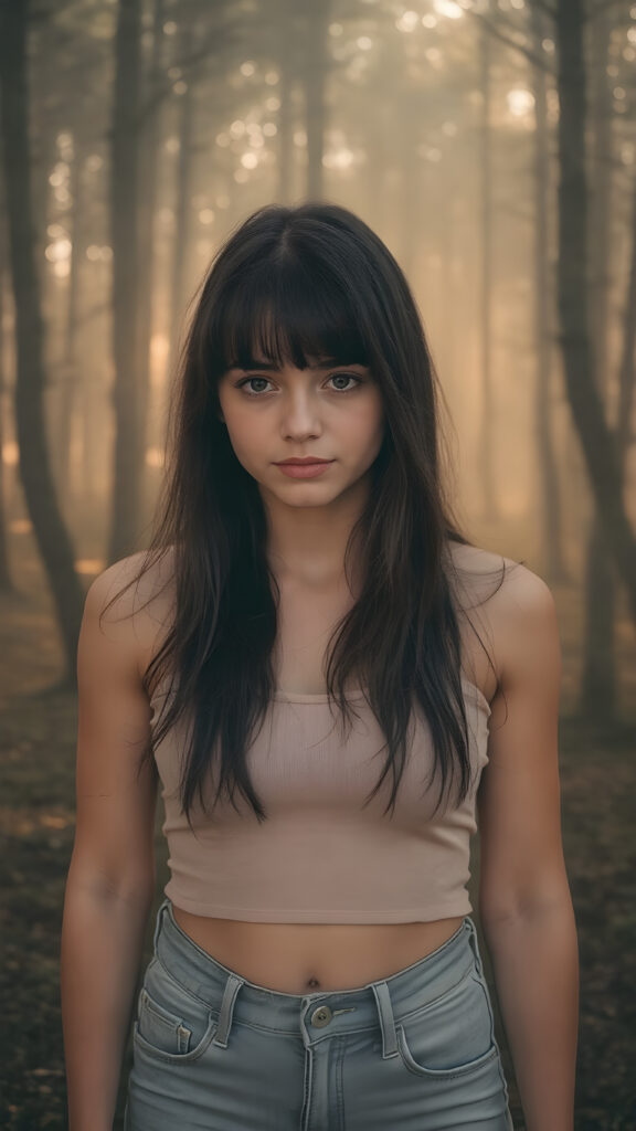 a (((full body silhouette shot))) of a (((teen girl))) with a slightly (((skinny but athletic build))), obsidian-black hair that extends past her shoulders and is styled in loose bangs, she has pouting lips and a serene expression, wearing a natural colored cropped tank top and a tight jeans that flatters her shape, she has a soft outlook on her eyes, the background is a misty forest with golden highlights, casting a warm and inviting glow on her face and skin, creating a serene and welcoming atmosphere