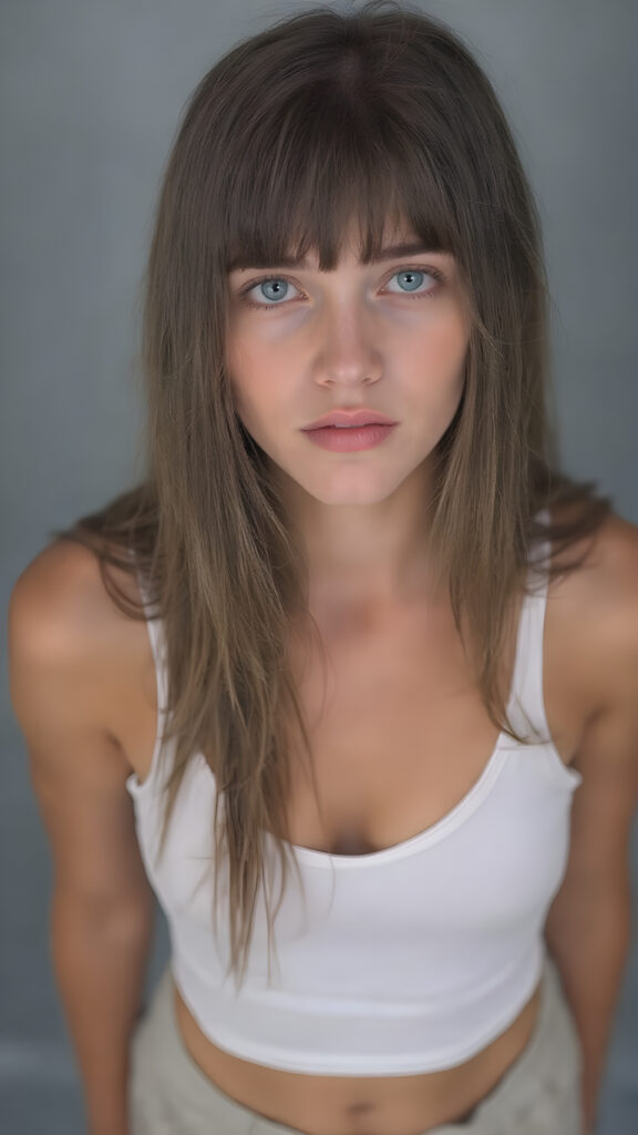 a (((full body shot))) of a (((beautiful sleek teen girl))), with ((long, jet brown soft hair, bangs)), and ((perfect-fit body)), dressed in a ((short cropped white tank top, deep v-neck)), paired with a ((mini skirt)), she is looking very sad and lonely to the viewer, front view from above, grey empty backdrop