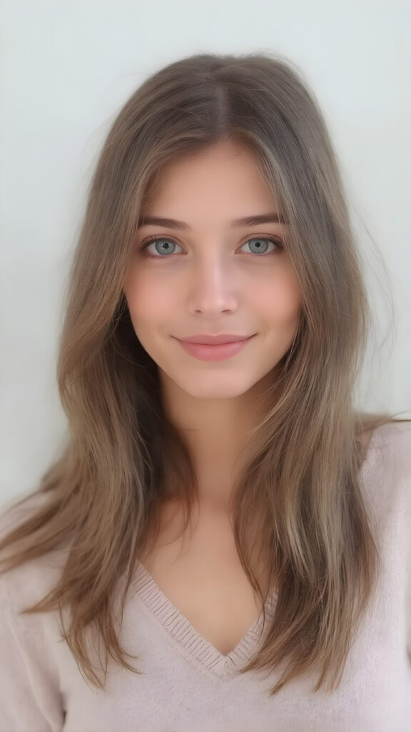 a (((full body and full length))) (((cute young adult girl))) with (((thoughtfully long soft straight hair))), into a (((playful but welcoming pose))), as she gives off an air of (carefulness and attention to detail) in her expression, round face. Her (((vividly beautiful eyes))), which exude a sense of (curious intelligence), are framed by (full, defined kissable lips) that convey a feeling of (playfulness). She wears a (softly fitted cropped sweater made of fine wool and deep v-neck, well busty)