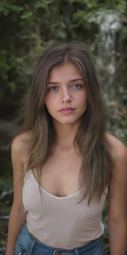 a (((full body portrait (((young busty teen girl))), her hair in (((long, wavy locks))), with dark, striking eyes, exuding an air of innocence and cuteness. Her features are sharply defined, with full lips and an ethereal beauty reflective of an angelic visage. In the background, a (quarry) with its distinctive contours and stone walls provides a beautifully contrasting backdrop, she wears short jeans pants, tank top with deep v-neck, wide open front)))