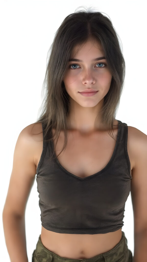 a (((full body portrait))), featuring a (((nice-looking young girl))) with flowing black hair and (((piercing blue eyes))), dressed in a sleek (((cropped sport tank top, deep v-neck in a camouflage pattern))), paired with classic (((short cargo pants))), posed confidently with a warm smile directed at the viewer. The scene is set against a (white backdrop) that complements the advanced lighting and advanced post-processing techniques, resulting in a masterfully advanced digital painting that embodies high detail and high quality, representing a timeless art style that exudes elegance and charm. She is the perfect embodiment of youthful beauty, with advanced lighting techniques and advanced digital painting techniques, showcasing every detail of her face and body in the highest level of detail and clarity. ((Straight hair)) ((Full body shot)) (((High-res, ultra-realistic image with intricate details))) ((perfect hands)) with long, flowing fingers and delicate, soft skin.