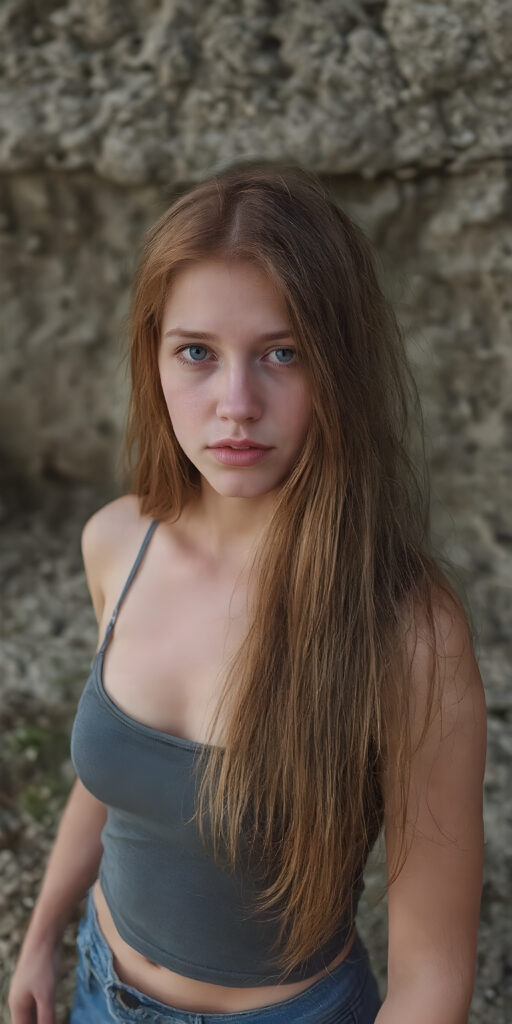 a (((full body portrait (((young teen girl, perfect curved body, busty))), her red hair in (((long, straight locks))), with dark, striking eyes, exuding an air of innocence and cuteness. Her features are sharply defined, with full lips and an ethereal beauty reflective of an angelic visage. In the background, a (quarry) with its distinctive contours and stone walls provides a beautifully contrasting backdrop, she wears short jeans pants, tank top)))
