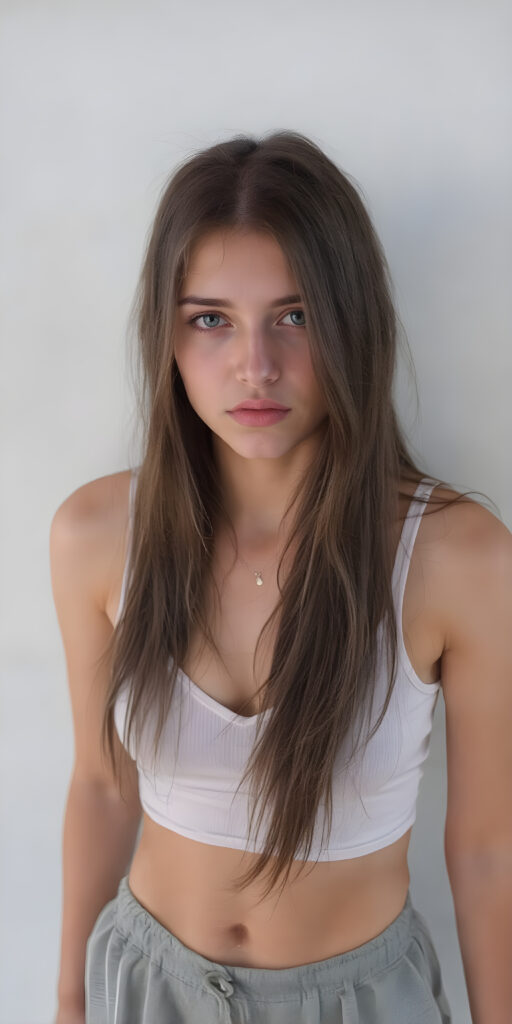 a (((full body shot))) of a (((beautiful sleek young tomboy girl))), with ((long, jet brown soft hair)), and ((perfect-fit body)), dressed in a ((short cropped white tank top, deep v-neck)), paired with a ((mini skirt)), she is looking very sad to the viewer, front view from above, grey empty backdrop