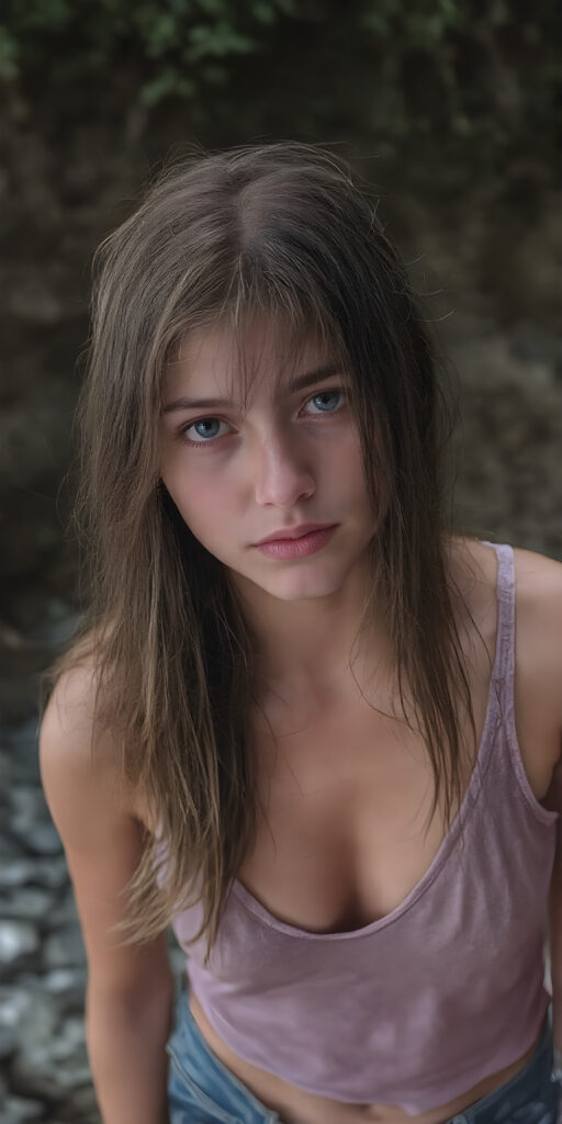 a (((full body portrait (((young busty tomboy teen girl))), her wet hair in (((long and straight))), with dark, striking eyes, exuding an air of innocence and cuteness. Her features are sharply defined, with full lips and an ethereal beauty reflective of an angelic visage. In the background, a (quarry) with its distinctive contours and stone walls provides a beautifully contrasting backdrop, she wears short jeans pants, tank top with deep v-neck, wide open front)))