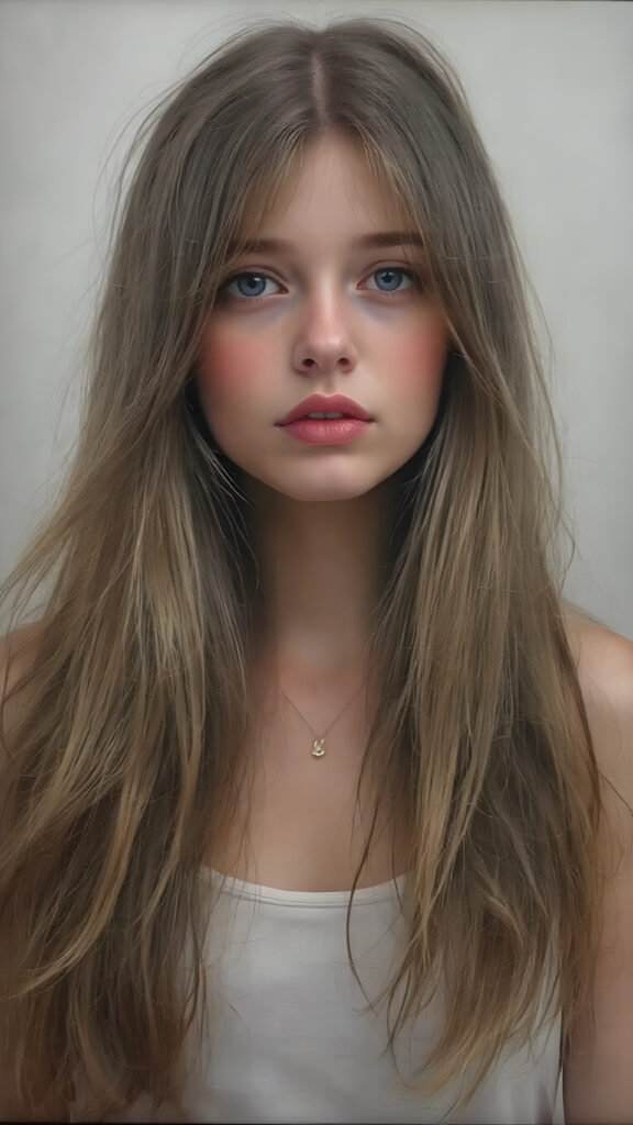 a (((full body view))) of a (((petite teen girl))), with very long straight hair