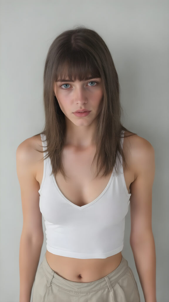 a (((full body shot))) of a (((beautiful sleek teen girl))), with ((long, jet brown soft hair, bangs)), and ((perfect-fit body)), dressed in a ((short cropped white tank top, deep v-neck)), paired with a ((mini skirt)), she is looking very sad and lonely to the viewer, front view from above, grey empty backdrop