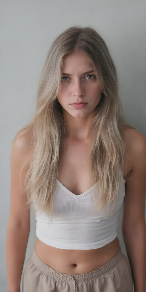 a (((full body shot))) of a (((beautiful sleek teenage girl))), with ((long, wavy white soft hair)), and ((perfect-fit body)), dressed in a ((short cropped white tank top, deep v-neck)), paired with a ((mini skirt)), she is looking very sad to the viewer, front view from above, grey empty backdrop
