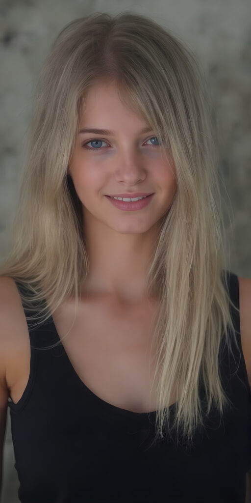 a (((full body image))) of a beautifully (((young provocative teen girl))), with a sleek, (((long, straight soft blond layered hair))), that gently waves into a playful smile, gothic dressing style, dressed in a (((black, layered short tank top))); poised confidently, as if embodying the essence of a whimsically rebellious teenage girl. (((skinny and cute with a petite, yet shapely, upper body, hint of a belly pooch, that perfectly complements her youthful features, including perfectly straight, white teeth that sparkle like diamonds, advanced detail around the edges of her hair, to give a 16-year-old a sense of timeless rebellion.