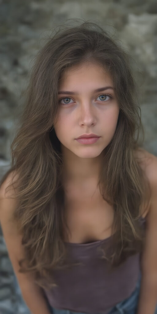 a (((full body portrait (((young teen girl))), her hair in (((long, wavy locks))), with dark, striking eyes, exuding an air of innocence and cuteness. Her features are sharply defined, with full lips and an ethereal beauty reflective of an angelic visage. In the background, a (quarry) with its distinctive contours and stone walls provides a beautifully contrasting backdrop, she wears short jeans pants, tank top)))