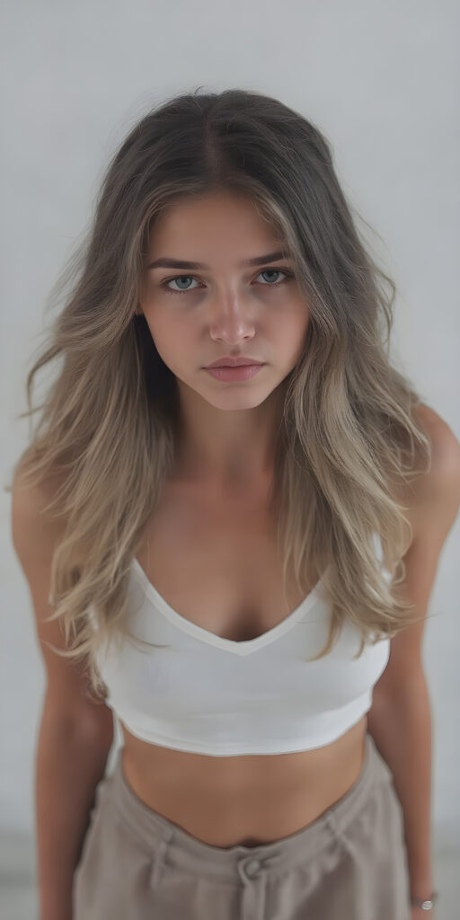 a (((full body shot))) of a (((beautiful sleek teenage girl))), with ((long, wavy white soft hair)), and ((perfect-fit body)), dressed in a ((short cropped white tank top, deep v-neck)), paired with a ((mini skirt)), she is looking very sad to the viewer, front view from above, grey empty backdrop