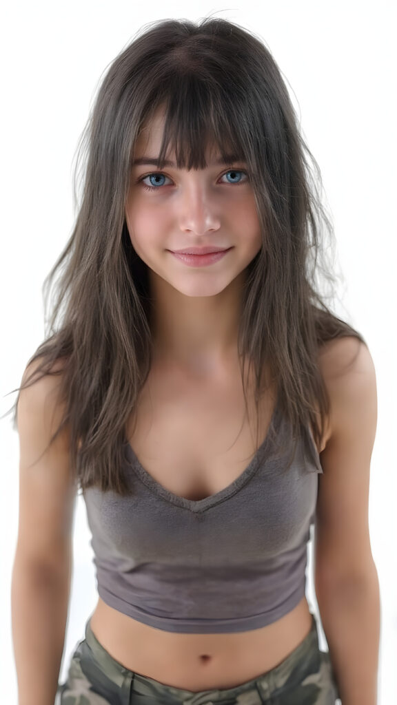 a (((full body portrait))), featuring a (((nice-looking young girl))) with flowing black hair and (((piercing blue eyes))), dressed in a sleek (((cropped sport tank top, deep v-neck in a camouflage pattern))), paired with classic (((short cargo pants))), posed confidently with a warm smile directed at the viewer. The scene is set against a (white backdrop) that complements the advanced lighting and advanced post-processing techniques, resulting in a masterfully advanced digital painting that embodies high detail and high quality, representing a timeless art style that exudes elegance and charm. She is the perfect embodiment of youthful beauty, with advanced lighting techniques and advanced digital painting techniques, showcasing every detail of her face and body in the highest level of detail and clarity. ((Straight hair)) ((Full body shot)) (((High-res, ultra-realistic image with intricate details))) ((perfect hands)) with long, flowing fingers and delicate, soft skin.