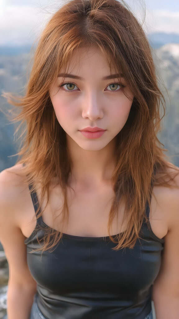 a (((full body view))) of a (((stunningly beautiful and cute young Asian girl))), with long, flowing red locks framing her face, which is adorned with (((vividly colored, detailed eyes))), that sparkle like diamonds in the (sunlight). Her lips are full, painted in (bold, contrasting colors) that perfectly complement her features. She's dressed in a sleek, ((black leather tank top and short jeans)), with (gold details) that accentuate her youthful beauty. Her hair is styled in loose, flowing waves that mirror the (diamonds) that match her flawless features. She's poised against a backdrop of the (mountains) that perfectly frame her features. This advanced prompt captures her perfectly detailed, hyperrealistic face and frame, showcasing her full body and emphasizing her (gorgeous eyes) and (sun-kissed skin) that match the advanced prompt advanced photography techniques. She's truly a breathtaking image that exudes hyperrealism and photorealism at an 8K resolution