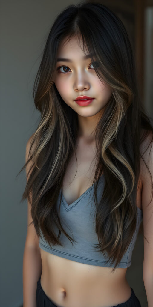 a (((full body and full length))) (((cute young adult Asian teen girl))) with (((thoughtfully long soft wavy obsidian black hair and blond highlights, same length right and left))), into a (((playful but welcoming pose, seductive))), as she gives off an air of (carefulness and attention to detail) in her expression, round face. Her (((vividly beautiful eyes))), which exude a sense of (curious intelligence), are framed by (full, defined kissable lips) that convey a feeling of (playfulness). She wears a (softly fitted light grey cropped tank top made of fine wool and deep v-neck, well busty), (round black mini skirt, show her legs)