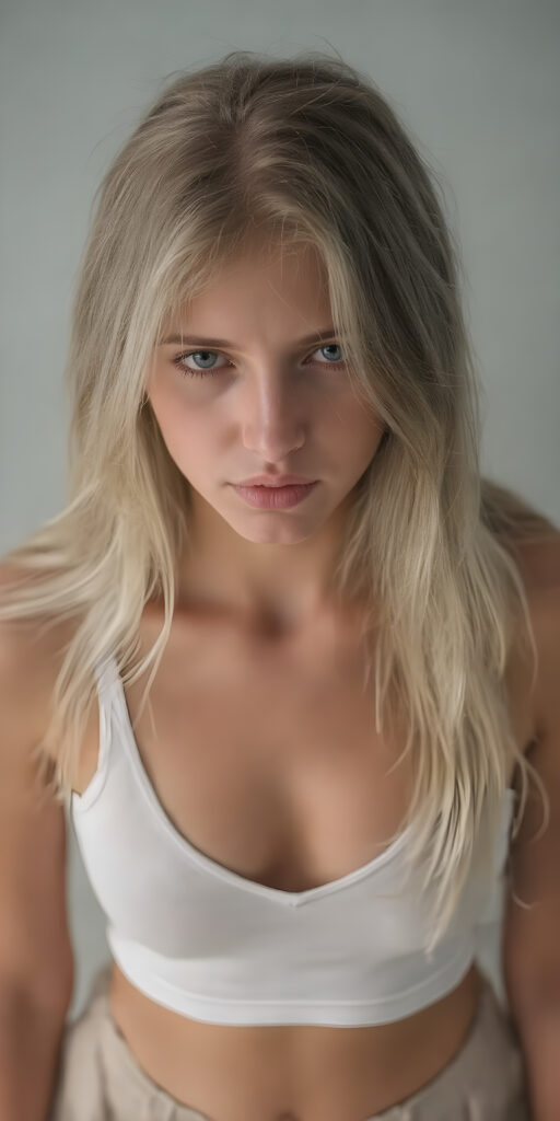 a (((full body shot))) of a (((beautiful sleek teenage girl))), with ((long, wavy white soft hair)), and ((perfect-fit body)), dressed in a ((short cropped white tank top, deep v-neck)), paired with a ((mini skirt)), she is looking very sad to the viewer, front view from above, grey empty backdrop