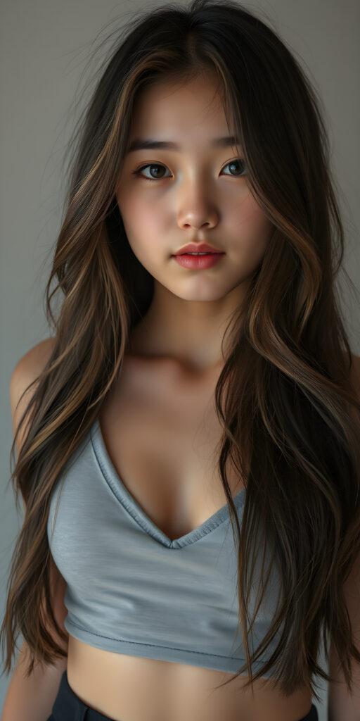 a (((full body and full length))) (((cute young adult Asian teen girl))) with (((thoughtfully long soft wavy obsidian black hair and blond highlights, same length right and left))), into a (((playful but welcoming pose, seductive))), as she gives off an air of (carefulness and attention to detail) in her expression, round face. Her (((vividly beautiful eyes))), which exude a sense of (curious intelligence), are framed by (full, defined kissable lips) that convey a feeling of (playfulness). She wears a (softly fitted light grey cropped tank top made of fine wool and deep v-neck, well busty), (round black mini skirt, show her legs)