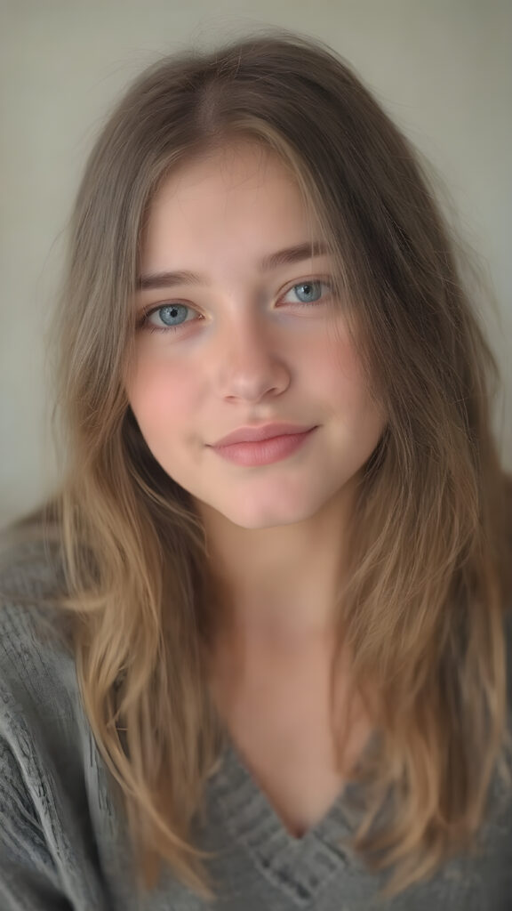 a (((full body and full length))) (((cute young adult girl))) with (((thoughtfully long soft straight hair))), into a (((playful but welcoming pose))), as she gives off an air of (carefulness and attention to detail) in her expression, round face. Her (((vividly beautiful eyes))), which exude a sense of (curious intelligence), are framed by (full, defined kissable lips) that convey a feeling of (playfulness). She wears a (softly fitted cropped sweater made of fine wool and deep v-neck, well busty)