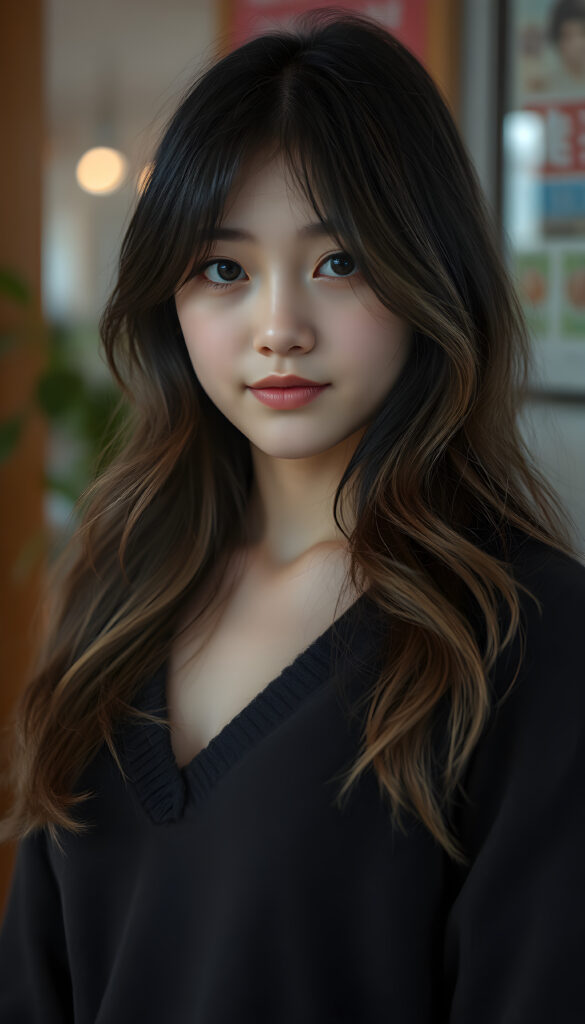 a (((full body and full length))) (((cute young adult Japanese girl))) with (((thoughtfully long soft wavy obsidian black hair and blond highlights))), into a (((playful but welcoming pose))), as she gives off an air of (carefulness and attention to detail) in her expression, round face. Her (((vividly beautiful eyes))), which exude a sense of (curious intelligence), are framed by (full, defined kissable lips) that convey a feeling of (playfulness). She wears a (softly fitted cropped sweater made of fine wool and deep v-neck, well busty)