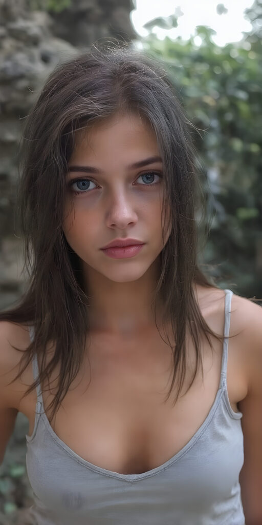 a (((full body portrait (((young busty tomboy teen girl))), her wet hair in (((long and straight))), with dark, striking eyes, exuding an air of innocence and cuteness. Her features are sharply defined, with full lips and an ethereal beauty reflective of an angelic visage. In the background, a (quarry) with its distinctive contours and stone walls provides a beautifully contrasting backdrop, she wears short jeans pants, tank top with deep v-neck, wide open front)))