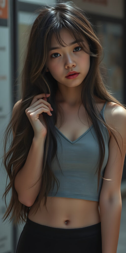 a (((full body and full length))) (((cute young adult Asian teen girl))) with (((thoughtfully long soft wavy obsidian black hair and blond highlights, same length right and left))), into a (((playful but welcoming pose, seductive))), as she gives off an air of (carefulness and attention to detail) in her expression, round face. Her (((vividly beautiful eyes))), which exude a sense of (curious intelligence), are framed by (full, defined kissable lips) that convey a feeling of (playfulness). She wears a (softly fitted light grey cropped tank top made of fine wool and deep v-neck, well busty), (round black mini skirt, show her legs)