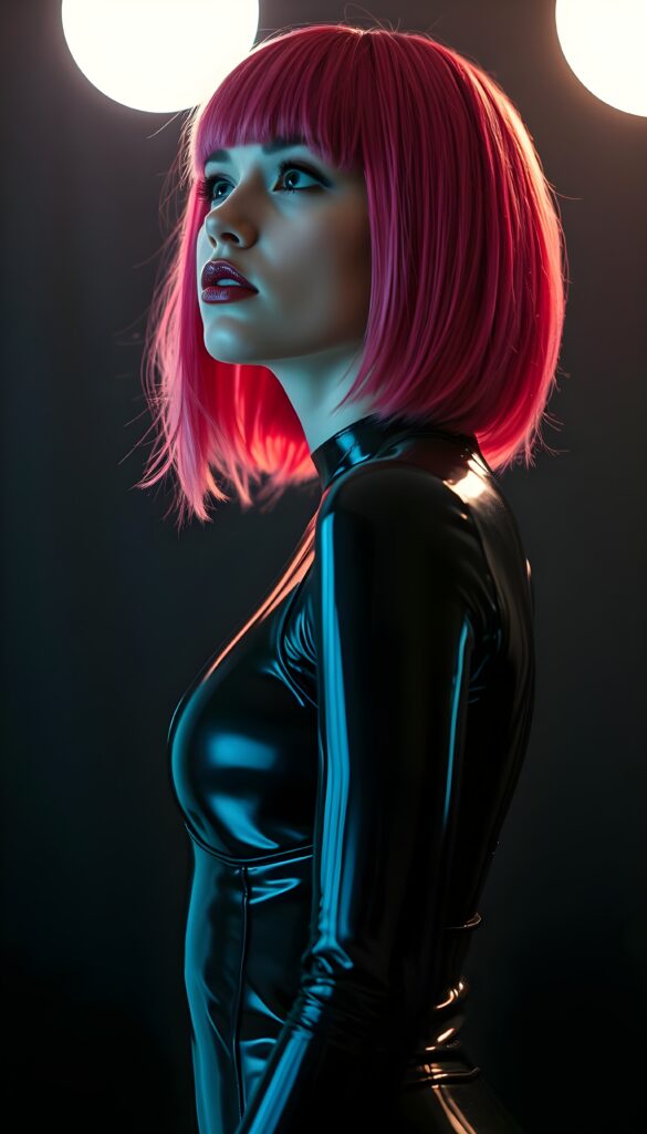 a (((full body shot))) of a (((young cute well busty woman))) with (((straight jet and soft neon red and pink hair, perfect shoulder length bob cut))), and (((vividly pink-dyed locks))), dressed in a (((shiny, sleek black full body latex catsuit))) that reflects the light in a (vivid, luxurious, high-quality backdrop), she looks up, view from the side, all against a dark backdrop, perfect light and shadows.