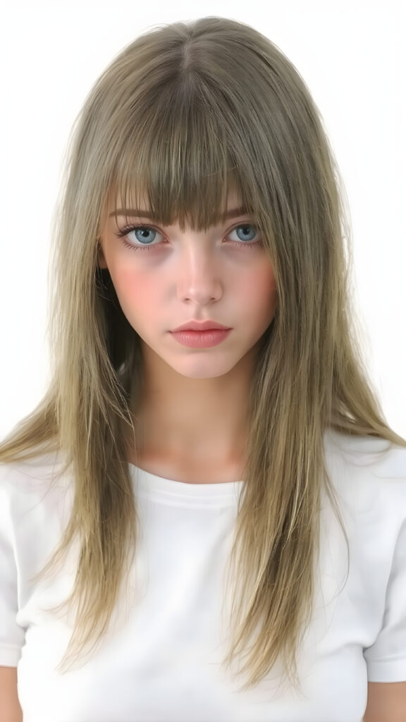 a full body detailed and realistic watercolor picture, very beautiful teen girl. She has ((straight natural super long (greenish-brown hair, bangs) with intricate details)), that flows gracefully down her back. The figure is dressed in ((white short t-shirt)), enhancing the natural beauty of the figure. The overall atmosphere of the picture is ((softly dreamy)) and ((extremely detailed)), with ((eyes that convey a sense of warmth and fantasy)).