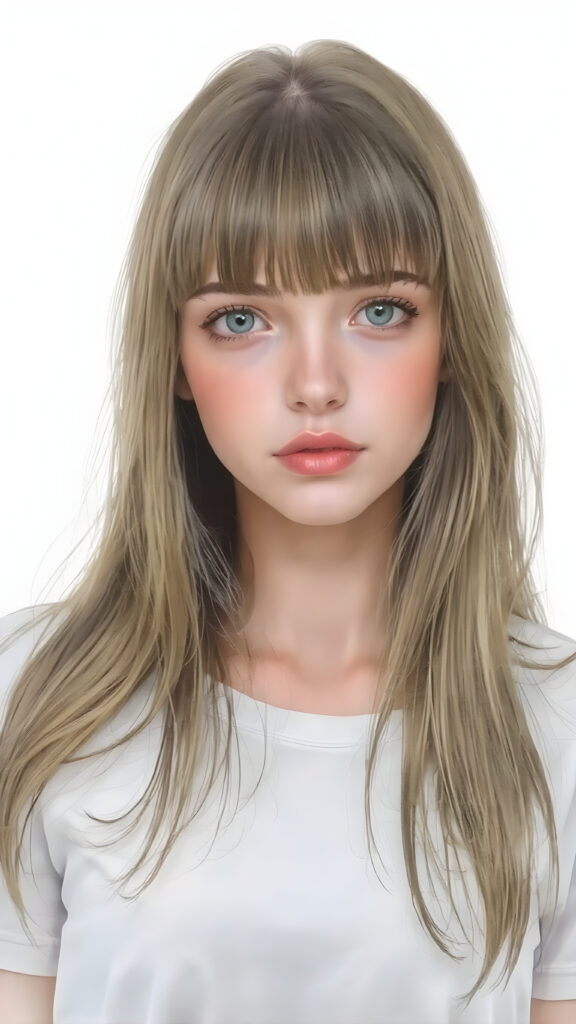 a full body detailed and realistic watercolor picture, very beautiful teen girl. She has ((straight natural super long (greenish-brown hair, bangs) with intricate details)), that flows gracefully down her back. The figure is dressed in ((white short t-shirt)), enhancing the natural beauty of the figure. The overall atmosphere of the picture is ((softly dreamy)) and ((extremely detailed)), with ((eyes that convey a sense of warmth and fantasy)).