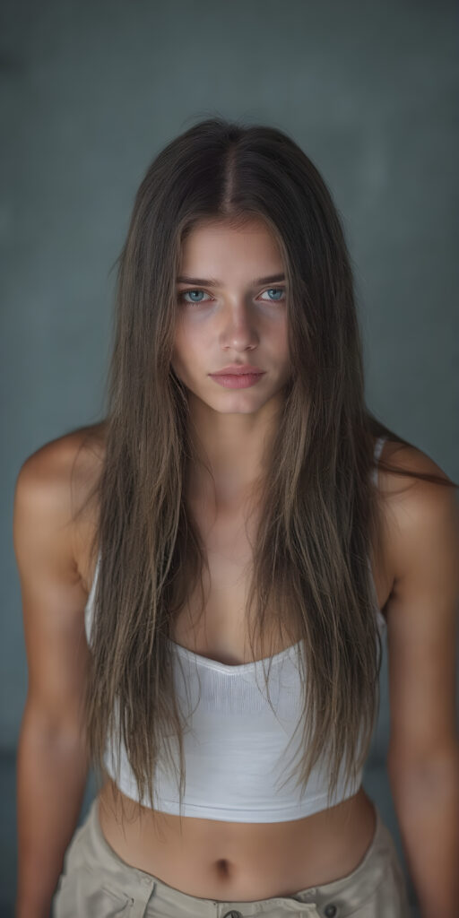 a (((full body shot))) of a (((beautiful sleek young tomboy girl))), with ((long, jet brown soft hair)), and ((perfect-fit body)), dressed in a ((short cropped white tank top, deep v-neck)), paired with a ((mini skirt)), she is looking very sad to the viewer, front view from above, grey empty backdrop