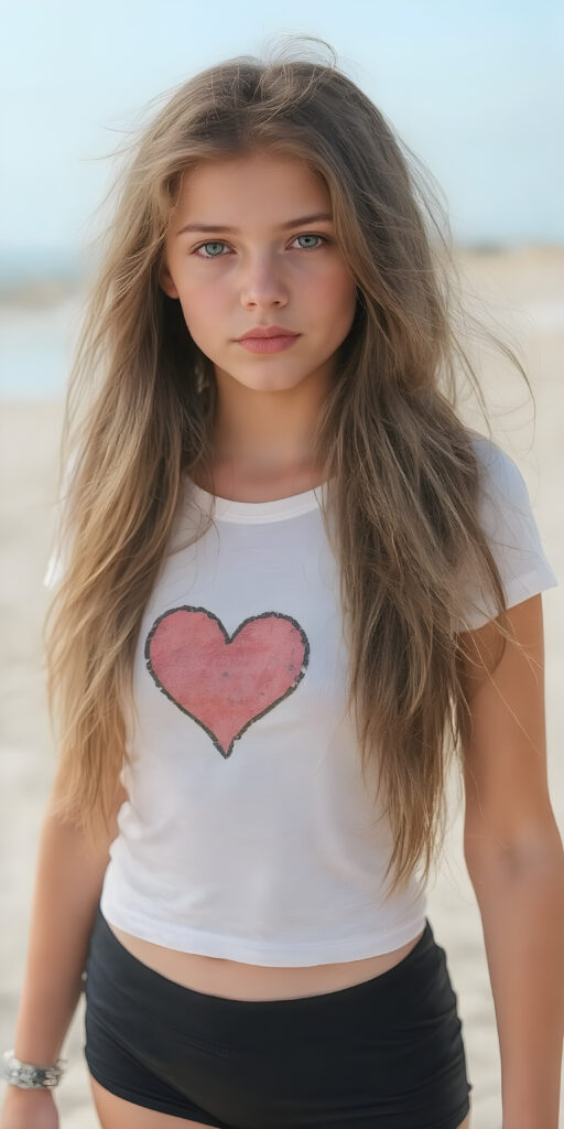 a (((full body shot))) of a (((beautiful teen girl))) with long, flowing (((sandy soft brown straight hair))), green eyes, and a sleekly defined figure, dressed in a tight (((white graphic short t-shirt, perfect curved body))) featuring a (((heart))), paired with a (((black round mini skirt))). She poses confidently on a sunny sandy beach.