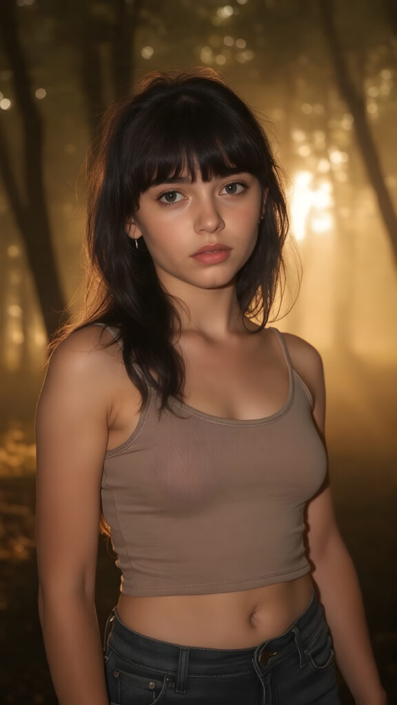 a (((full body silhouette shot))) of a (((teen girl))) with a slightly (((skinny but athletic build))), obsidian-black hair that extends past her shoulders and is styled in loose bangs, she has pouting lips and a serene expression, wearing a natural colored cropped tank top and a tight jeans that flatters her shape, she has a soft outlook on her eyes, the background is a misty forest with golden highlights, casting a warm and inviting glow on her face and skin, creating a serene and welcoming atmosphere