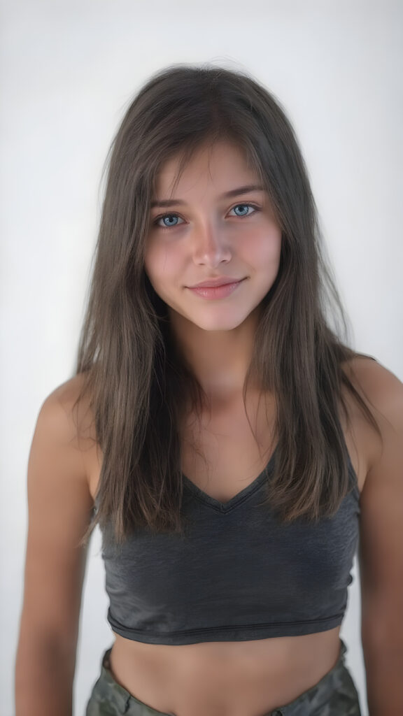 a (((full body portrait))), featuring a (((nice-looking young girl))) with flowing black hair and (((piercing blue eyes))), dressed in a sleek (((cropped sport tank top, deep v-neck in a camouflage pattern))), paired with classic (((short cargo pants))), posed confidently with a warm smile directed at the viewer. The scene is set against a (white backdrop) that complements the advanced lighting and advanced post-processing techniques, resulting in a masterfully advanced digital painting that embodies high detail and high quality, representing a timeless art style that exudes elegance and charm. She is the perfect embodiment of youthful beauty, with advanced lighting techniques and advanced digital painting techniques, showcasing every detail of her face and body in the highest level of detail and clarity. ((Straight hair)) ((Full body shot)) (((High-res, ultra-realistic image with intricate details))) ((perfect hands)) with long, flowing fingers and delicate, soft skin.