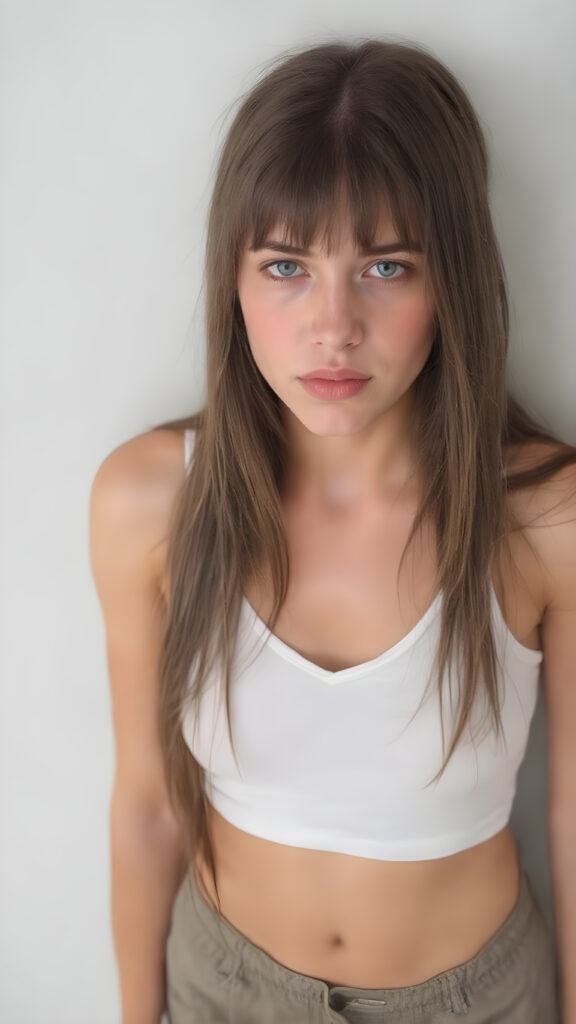 a (((full body shot))) of a (((beautiful sleek teen girl))), with ((long, jet brown soft hair, bangs)), and ((perfect-fit body)), dressed in a ((short cropped white tank top, deep v-neck)), paired with a ((mini skirt)), she is looking very sad and lonely to the viewer, front view from above, grey empty backdrop