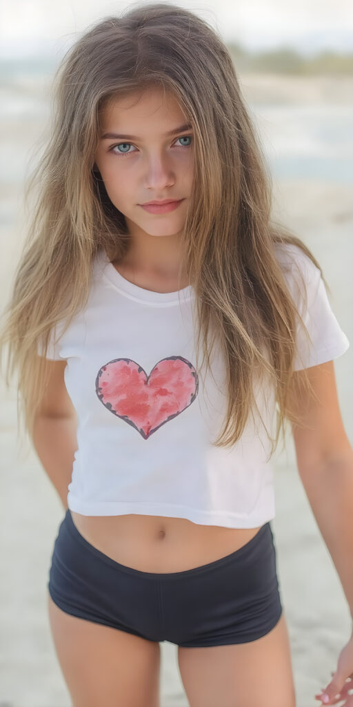 a (((full body shot))) of a (((beautiful teen girl))) with long, flowing (((sandy soft brown straight hair))), green eyes, and a sleekly defined figure, dressed in a tight (((white graphic short t-shirt, perfect curved body))) featuring a (((heart))), paired with a (((black round mini skirt))). She poses confidently on a sunny sandy beach.