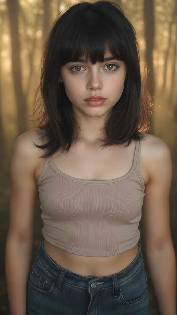 a (((full body silhouette shot))) of a (((teen girl))) with a slightly (((skinny but athletic build))), obsidian-black hair that extends past her shoulders and is styled in loose bangs, she has pouting lips and a serene expression, wearing a natural colored cropped tank top and a tight jeans that flatters her shape, she has a soft outlook on her eyes, the background is a misty forest with golden highlights, casting a warm and inviting glow on her face and skin, creating a serene and welcoming atmosphere