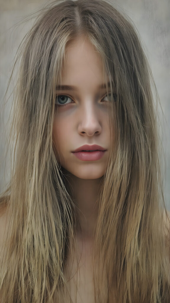 a (((full body view))) of a (((petite teen girl))), with very long straight hair