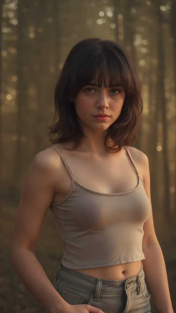 a (((full body silhouette shot))) of a (((teen girl))) with a slightly (((skinny but athletic build))), obsidian-black hair that extends past her shoulders and is styled in loose bangs, she has pouting lips and a serene expression, wearing a natural colored cropped tank top and a tight jeans that flatters her shape, she has a soft outlook on her eyes, the background is a misty forest with golden highlights, casting a warm and inviting glow on her face and skin, creating a serene and welcoming atmosphere