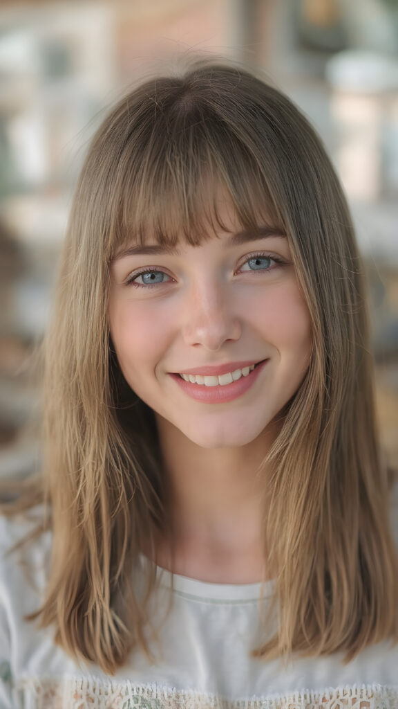 a (full-body photograph) featuring a (((stunning girl))) with ((perfect straight hair)), smiling confidently and happily. Her face exudes a youthful complexion with ((freckles)) that blend seamlessly into her overall look. She's dressed in a mix of pastel colours and patterns that complement her features perfectly