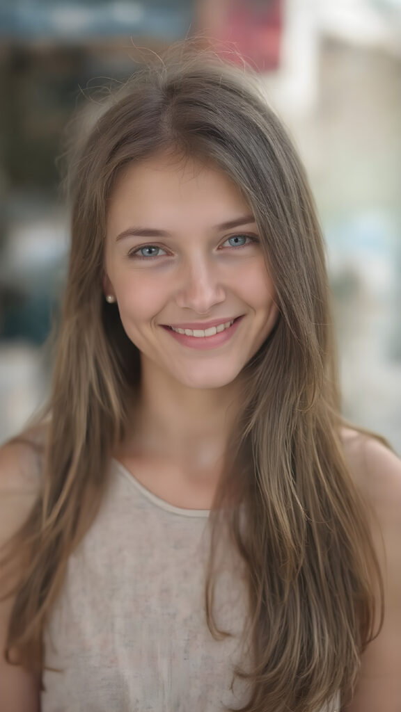 a (full-body photograph) featuring a (((stunning girl))) with ((perfect straight hair)), smiling confidently and happily. Her face exudes a youthful complexion with ((freckles)) that blend seamlessly into her overall look. She's dressed in a mix of pastel colours and patterns that complement her features perfectly