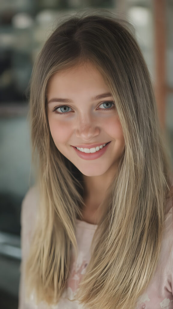 a (full-body photograph) featuring a (((stunning girl))) with ((perfect straight hair)), smiling confidently and happily. Her face exudes a youthful complexion with ((freckles)) that blend seamlessly into her overall look. She's dressed in a mix of pastel colours and patterns that complement her features perfectly