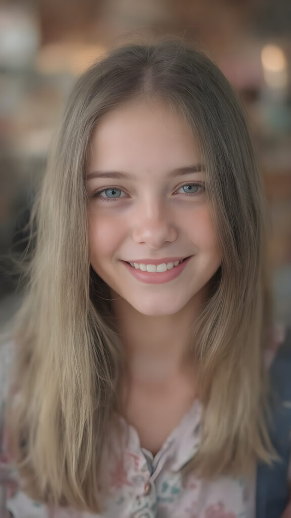 a (full-body photograph) featuring a (((stunning girl))) with ((perfect straight hair)), smiling confidently and happily. Her face exudes a youthful complexion with ((freckles)) that blend seamlessly into her overall look. She's dressed in a mix of pastel colours and patterns that complement her features perfectly