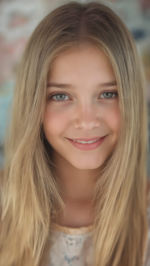 a (full-body photograph) featuring a (((stunning girl))) with ((perfect straight hair)), smiling confidently and happily. Her face exudes a youthful complexion with ((freckles)) that blend seamlessly into her overall look. She's dressed in a mix of pastel colours and patterns that complement her features perfectly