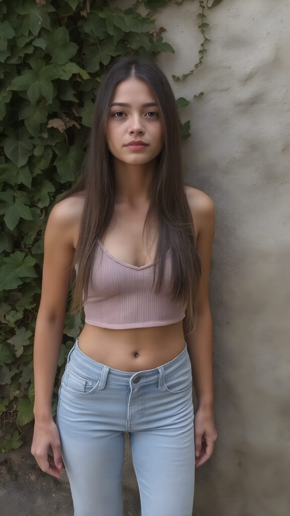 a full body photo of a young natural adult well busty teen girl, short cropped tank top, deep v-neck, long full soft straight brown hair, short denim pants, white shoes, all against a wall with ivy