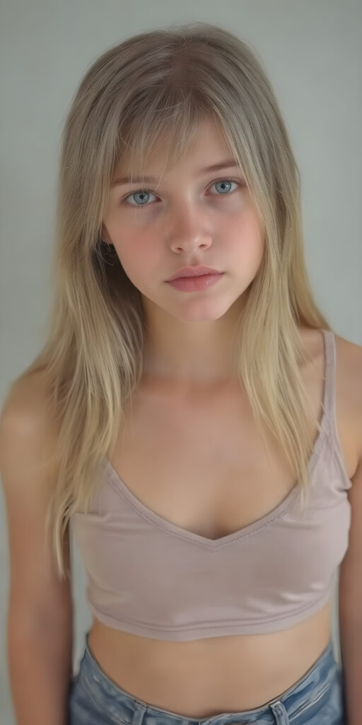 ((a full body shot from head to toe)) from a (((realistic cute young teen girl))), with straight soft long light blond hair, (full lips), and ((big amber eyes, round face)) that exude innocence, paired with a (short cropped tank top, deep v-neck) that emphasizes her perfect body, (perfect skin), her figure is so perfectly proportioned that it defies reality, she wears short jeans pants and white shoes, cute belly button, (((against a light grey backdrop)), view from the side