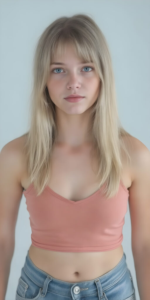 ((a full body shot from head to toe)) from a (((realistic cute young teen girl))), with straight soft long light blond hair, (full lips), and ((big amber eyes, round face)) that exude innocence, paired with a (short cropped tank top, deep v-neck) that emphasizes her perfect body, (perfect skin), her figure is so perfectly proportioned that it defies reality, she wears short jeans pants and white shoes, cute belly button, (((against a light grey backdrop)), view from the side