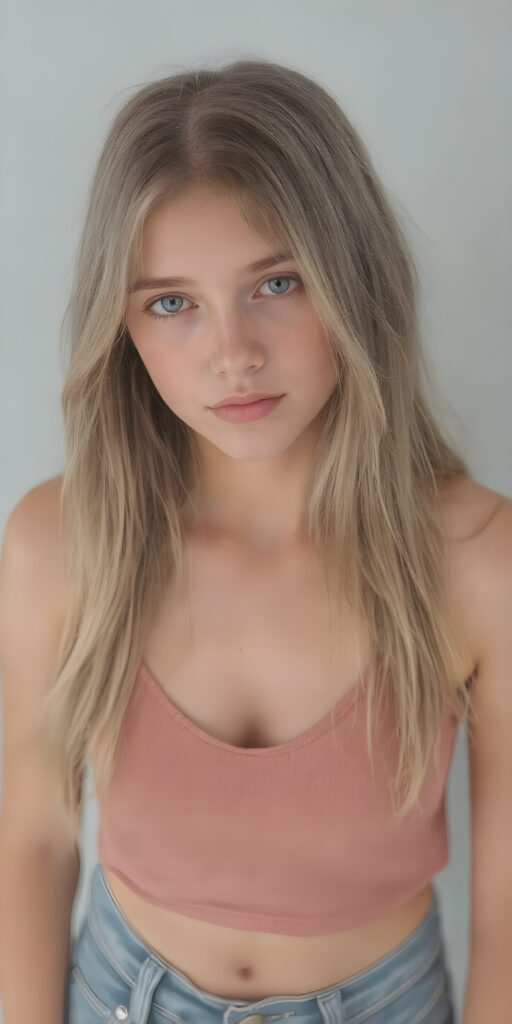 ((a full body shot from head to toe)) from a (((realistic cute young teen girl))), with straight soft long light blond hair, (full lips), and ((big amber eyes, round face)) that exude innocence, paired with a (short cropped tank top, deep v-neck) that emphasizes her perfect body, (perfect skin), her figure is so perfectly proportioned that it defies reality, she wears short jeans pants and white shoes, cute belly button, (((against a light grey backdrop)), view from the side