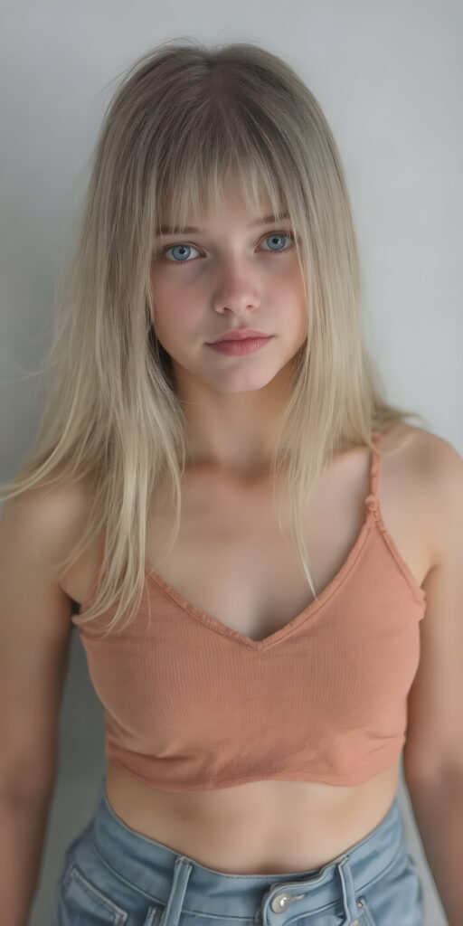 ((a full body shot from head to toe)) from a (((realistic cute young teen girl))), with straight soft long light blond hair, (full lips), and ((big amber eyes, round face)) that exude innocence, paired with a (short cropped tank top, deep v-neck) that emphasizes her perfect body, (perfect skin), her figure is so perfectly proportioned that it defies reality, she wears short jeans pants and white shoes, cute belly button, (((against a light grey backdrop)), view from the side