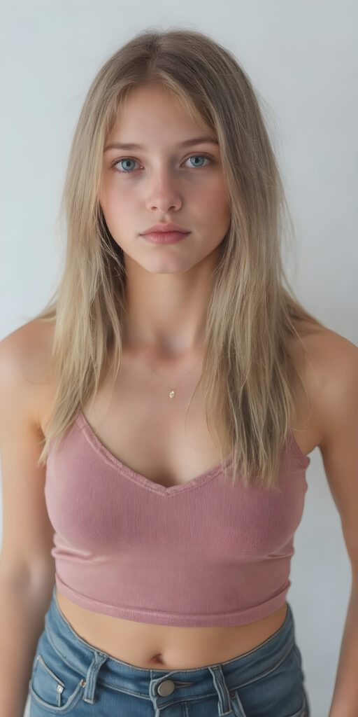 ((a full body shot from head to toe)) from a (((realistic cute young teen girl))), with straight soft long light blond hair, (full lips), and ((big amber eyes, round face)) that exude innocence, paired with a (short cropped tank top, deep v-neck) that emphasizes her perfect body, (perfect skin), her figure is so perfectly proportioned that it defies reality, she wears short jeans pants and white shoes, cute belly button, (((against a light grey backdrop)), view from the side