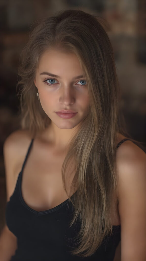 a full body shot, (((Goddess of Love)) ((seductive look, seductive eyes)) (((super realistic, highly detailed, photography))), capturing a (((beautiful young busty teen girl))) with an extremely defined and detailed face, including (((perfect, detailed brown blond very soft straight hair falls down)), (((short, v-neck black tank top, short mini skirt))).