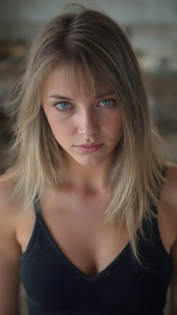 a full body shot, (((Goddess of Love)) ((seductive look, seductive eyes)) (((super realistic, highly detailed, photography))), capturing a (((beautiful young busty teen girl))) with an extremely defined and detailed face, including (((perfect, detailed brown blond very soft straight hair falls down)), (((short, v-neck black tank top, short mini skirt))).